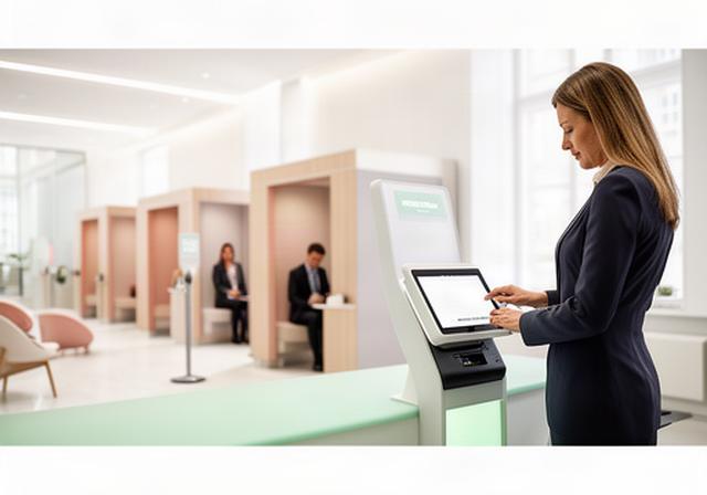 明るく洗練された銀行ロビーでタブレット受付を操作する来店客と相談ブース