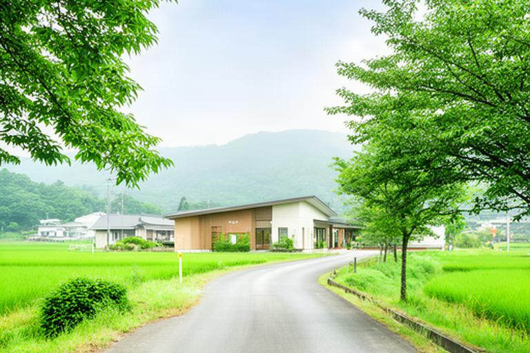 福岡県筑後市の緑豊かな風景と地域施設へ向かう道
