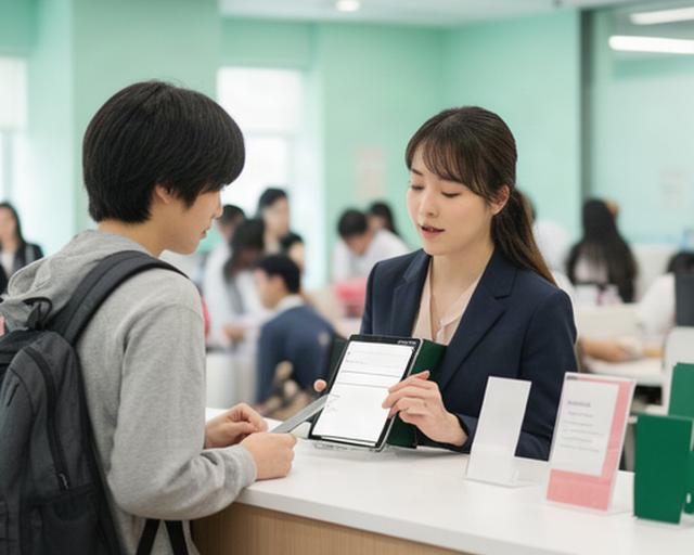 大学の教務窓口で職員が予約一覧を確認しながら学生に対応している場面