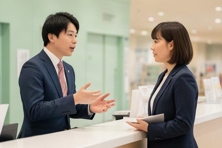 自治体窓口で利用者と話す代表取締役のスタッフ