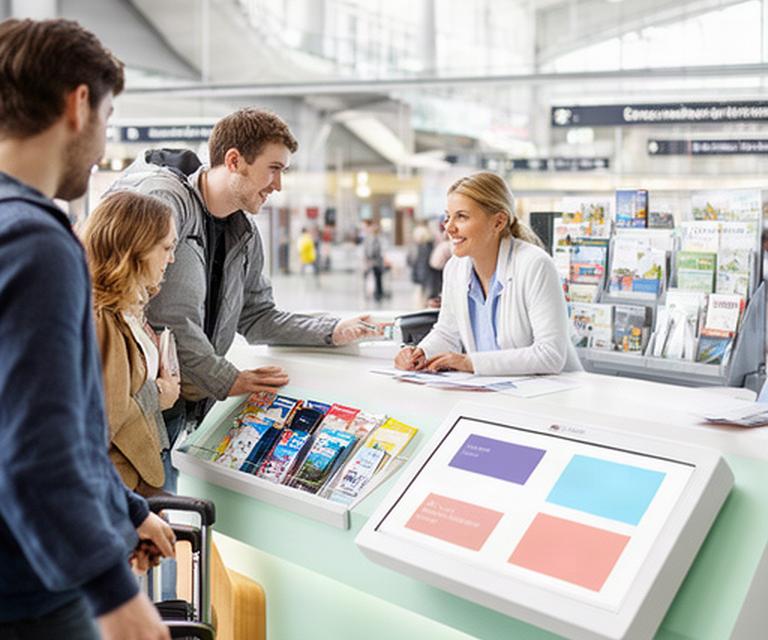 駅構内の観光案内所でタッチパネルと多言語パンフレットを使って旅行者を案内する場面