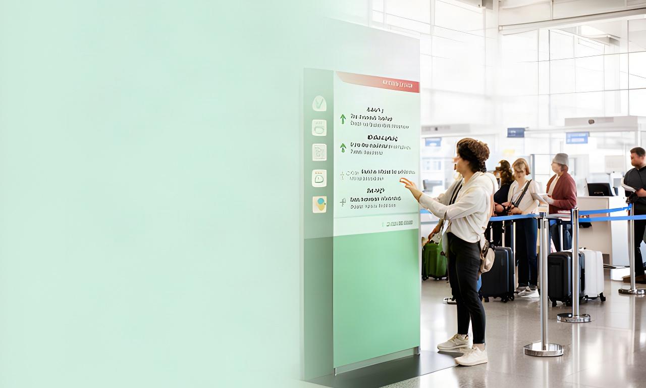明るい空港ロビーで多言語案内パネルを確認する旅行者と整理された受付列
